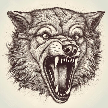 Scary evil angry predatory wolf head grinning teeth, portrait black and white drawing, engraving style, tattoo