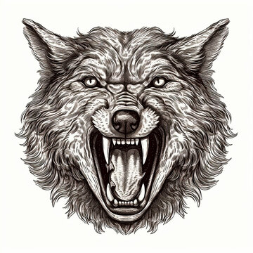Scary evil angry predatory wolf head grinning teeth, portrait black and white drawing, engraving style, tattoo 
