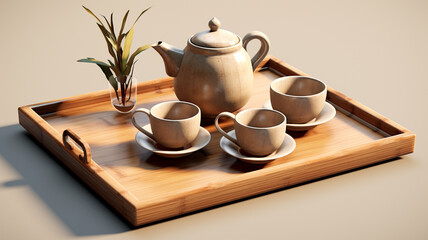 Obraz na płótnie Canvas A mockup of a gourmet tea set, with delicate cups and a teapot, on a bamboo tray.