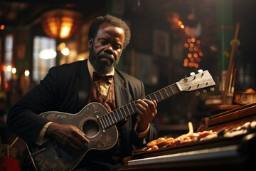 Soulful Guitarist in Jazz Bar: Emotion-laden performance, capturing the essence of blues and reflection.