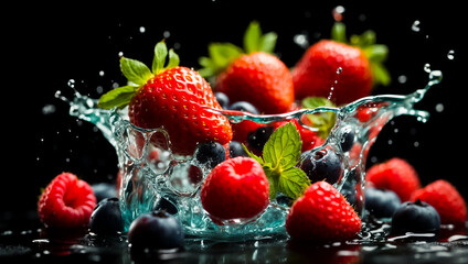 Fresh strawberries, blueberries water drops on a dark background design