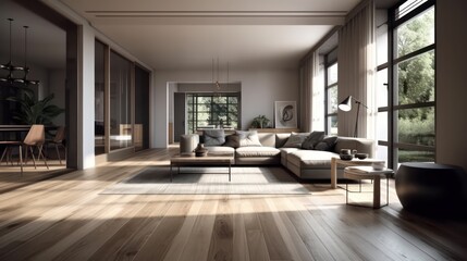 Modern interior design, in a spacious living room 