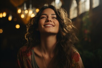Joyful Serenity: Radiant woman smiling genuinely, capturing happiness, warmth, and carefree spirit indoors.