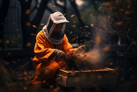 A beekeeper in an orange outfit, surrounded by bees and honeycomb. Generative AI