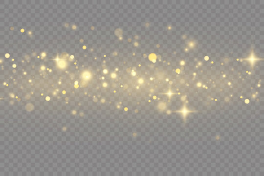 The dust sparks and golden stars shine with special light. Vector sparkles on a transparent background.