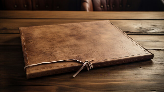 A mockup of a premium, leather-bound photo album, closed, on a rustic wooden table.