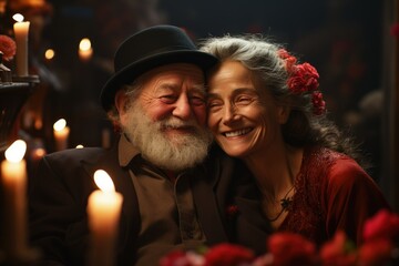 Obraz na płótnie Canvas Elderly Couple in Candlelight, Timeless Love, Intimate Celebration, Warmth and Affectionate Bond.