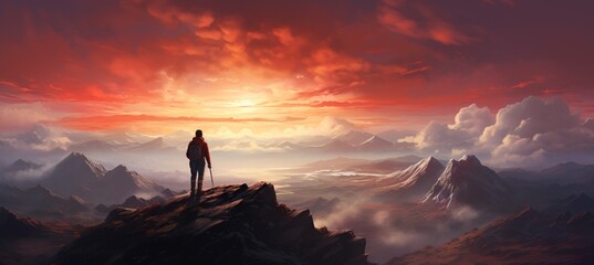 A Man Standing on a Mountain with a Backpack Generative AI