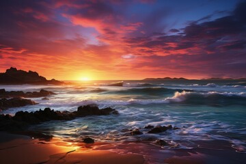 Fototapeta na wymiar Sunset Seascape, Dramatic Sky Over Ocean, Waves Hitting Rocks, Serenity and Nature's Grandeur.