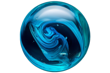 Abstract glass marble with swirling blue patterns, a beautiful example of art and design on a white background.

