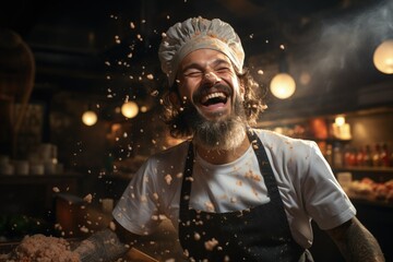 Joyful Chef in Action: A bearded chef with a chef's hat, laughing heartily while cooking, surrounded by flying food, conveying joy, passion, and the lively atmosphere of a kitchen.