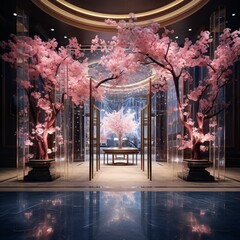 A Beautiful Pink Cherry Blossom Tree in a Glass Display Generative AI