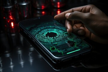 Cybersecurity Concept: Futuristic phone interface displaying digital security encryption, conveying a high-tech, secure, and innovative atmosphere.