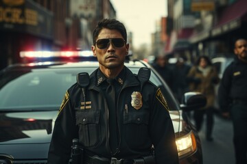 Law Enforcement Vigilance: A police officer stands alert on a busy street, his focused gaze and authoritative stance projecting security and order.
