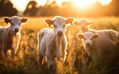 Obraz premium Young calves feeding in a field at a sunrise