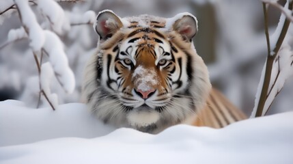  a close up of a tiger in the snow with trees in the foreground and snow on the ground in the background.