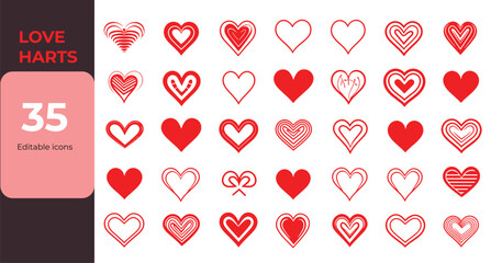 love hearts sketch icon set. Various different hand drawn heart icon love collection isolated on white background. Red heart symbol for Valentines Day