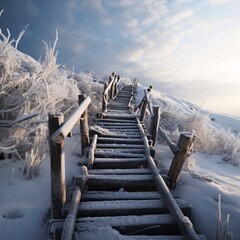 Winter Scenery: Snow-Covered Stairs and Frozen Ground Generative AI