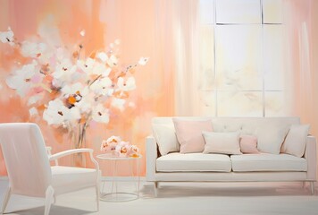 A White Couch with Pink Pillows and Flowers Generative AI