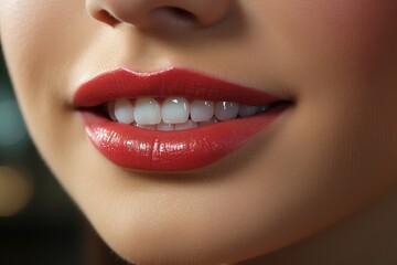 Fototapeta premium Close-Up Smile with Red Lipstick: A macro shot of a woman's smile with vibrant red lipstick, showcasing dental beauty and confident femininity.