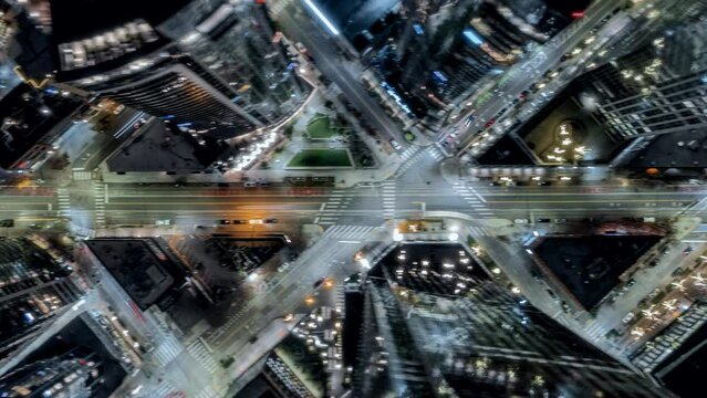 Drone Top Down Hyperlapse of Seattle Buildings and Streets at Night