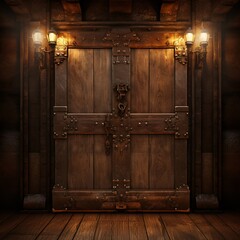 An old wooden door with a metal lock and a light shining on it Generative AI
