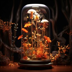 A Glowing Glass Dome with Orange Flowers and Mushrooms Generative AI