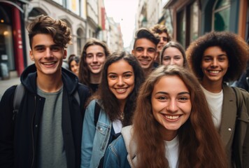 A group of young people smiling and posing for a picture on a city street Generative AI