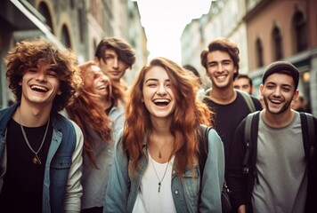 A group of friends laughing and smiling together on a street Generative AI