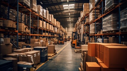 Warehouse with a large number of boxes and a forklift Generative AI