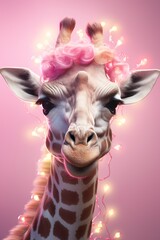 Pink-haired giraffe with pink hair and pink lights Generative AI