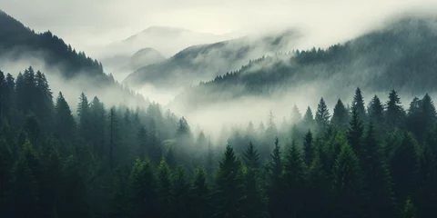 Fotobehang Misty Mountainside Forest Generative AI © Vinod