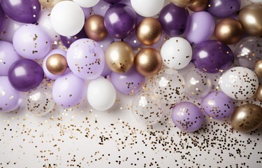 Gold and Purple Balloons on a White Tablecloth Generative AI