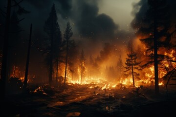 Forest Inferno: A devastating forest fire rages at night, evoking a sense of loss and the power of nature's fury.