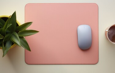 A white computer mouse on a pink mouse pad. Generative AI