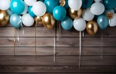 Gold and Blue Balloons on a Wooden Wall Generative AI