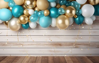 Golden and Blue Balloons on a Wooden Wall Generative AI