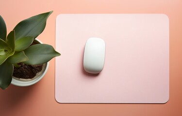 A white computer mouse on a pink mouse pad. Generative AI