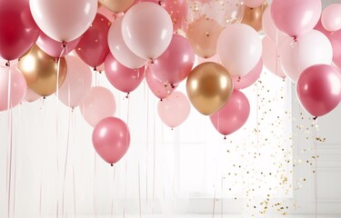 Pink and Gold Balloons Hanging from the Ceiling Generative AI