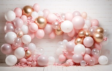 Pink and Gold Balloons on a White Wall Generative AI