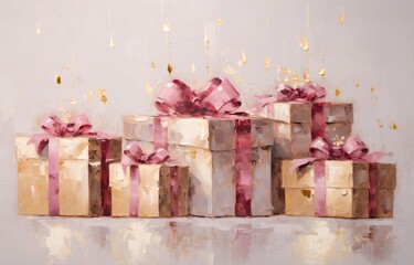 Golden Gift Boxes with Pink Ribbons Generative AI
