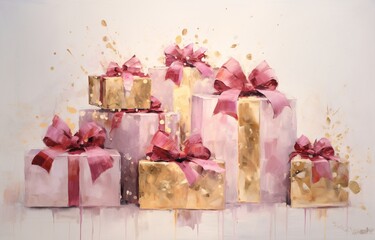 Golden Gift Boxes with Pink Ribbons Generative AI