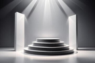 Three-dimensional color realistic product podium in rays of light on a monochrome background. Generative AI