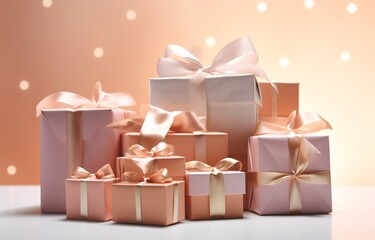A Pile of Pink Gift Boxes with Gold Ribbons Generative AI