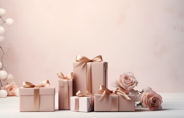 Pink Gift Boxes with Roses and Bow Generative AI