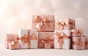 A variety of pink and white gift boxes with bows Generative AI