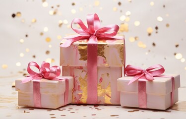 Obraz premium Gold and Pink Gift Wrapped in Gold and Pink Paper Generative AI