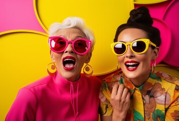 Two women wearing sunglasses and smiling Generative AI