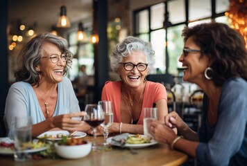 Three Women Smiling and Laughing at a Restaurant Generative AI
