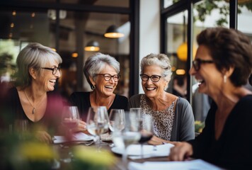 Four Women Laughing and Smiling at a Restaurant Generative AI - obrazy, fototapety, plakaty